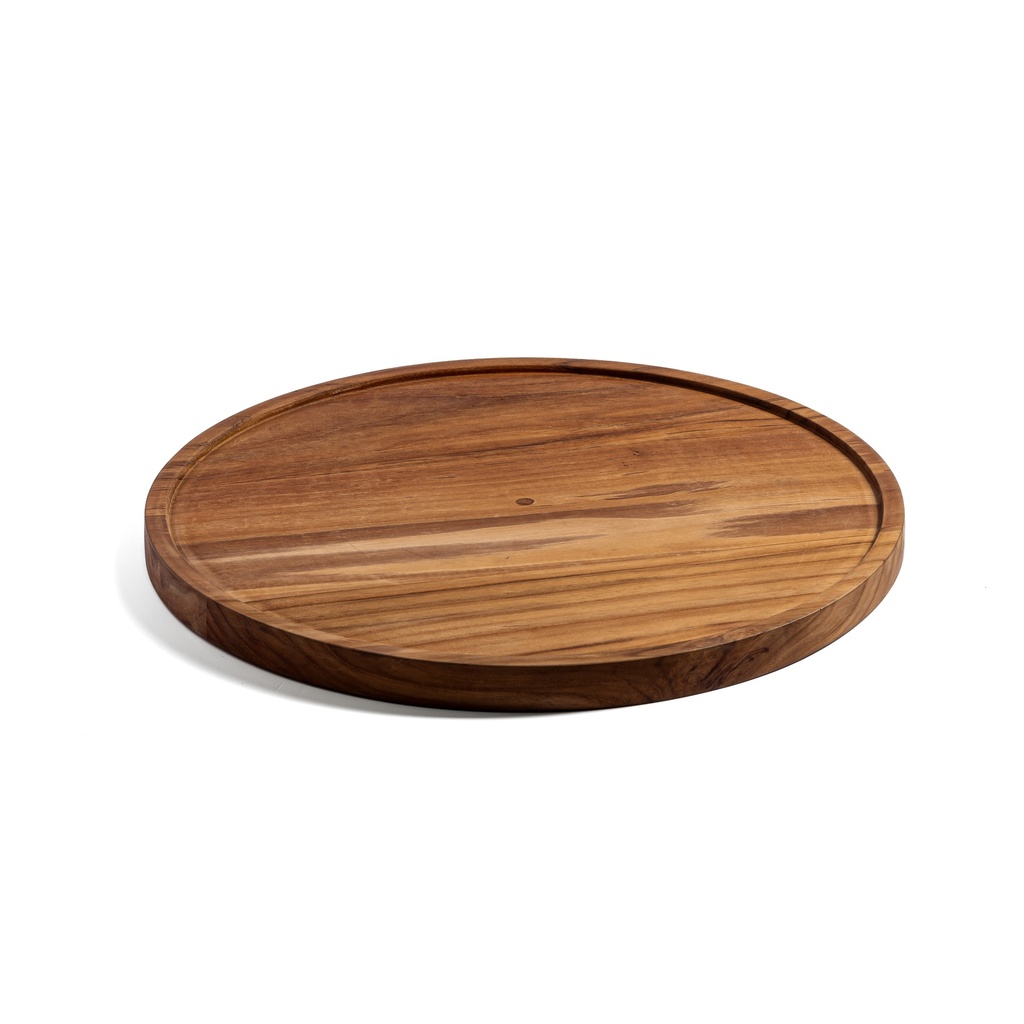 Base Circular de Madera Teca con logo grabado - 35cms de diámetro con orilla de 0.5cms